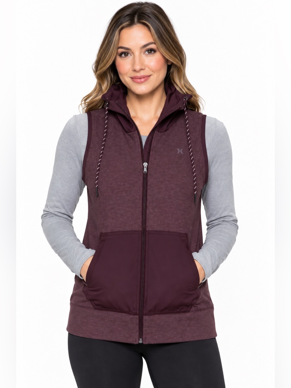 Elizabeth Hurley Sleeveless Hooded Zip Vest in Plum and Gray